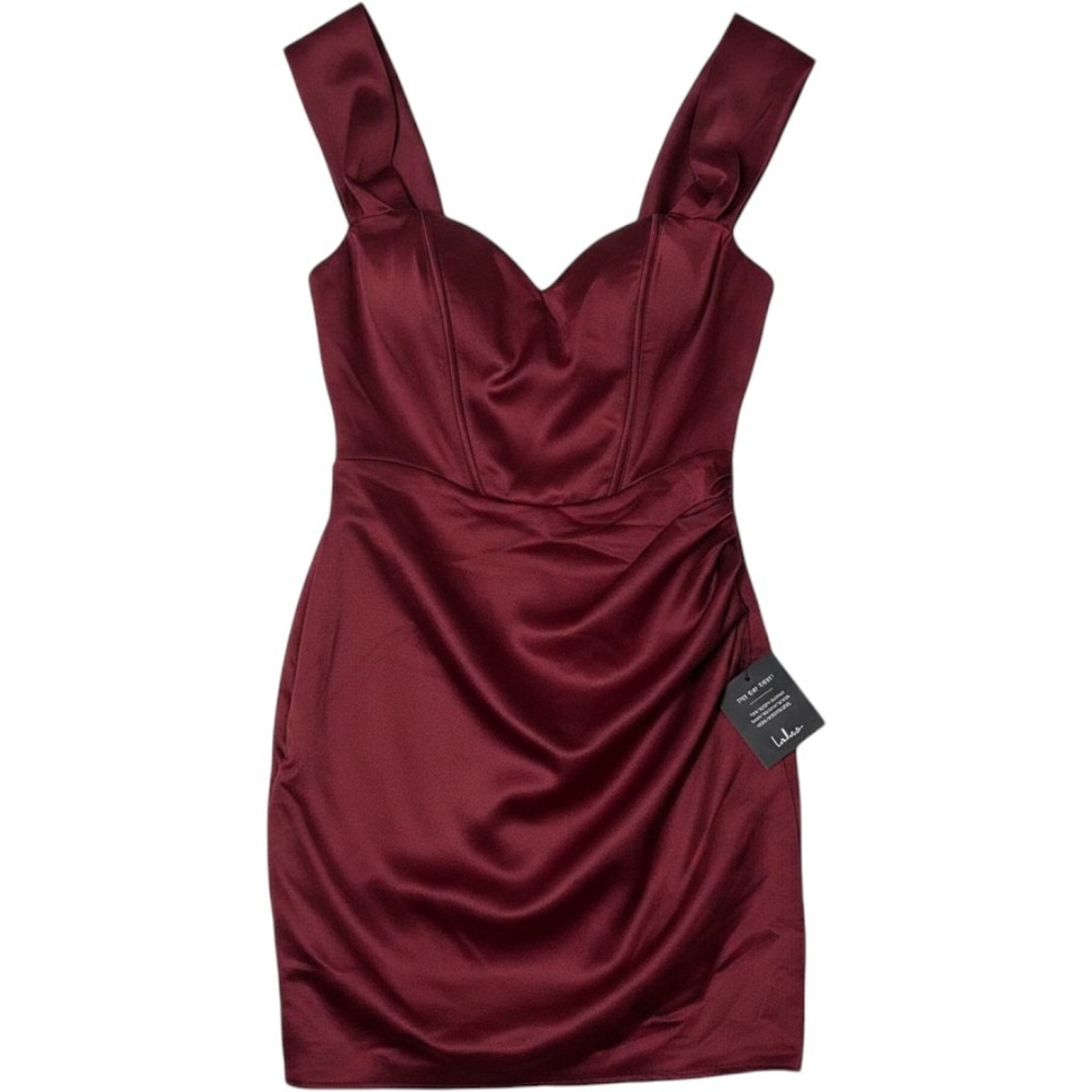 Lulus Burgundy Satin Mini Dress Corset Bodice Ruched Tulip Skirt Size S NEW